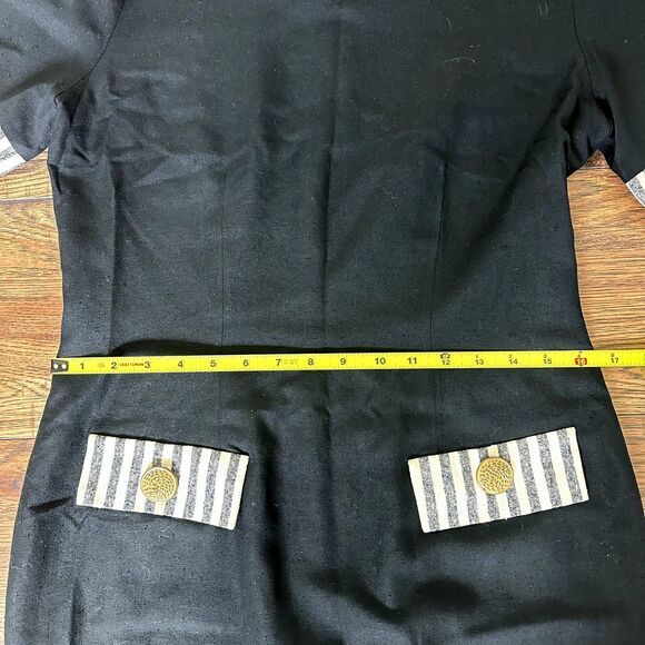 Vintage Oleg Cassini Silk Black Fitted Dress Classic 80s Stripe Sleeve Size 8 - Picture 5 of 9